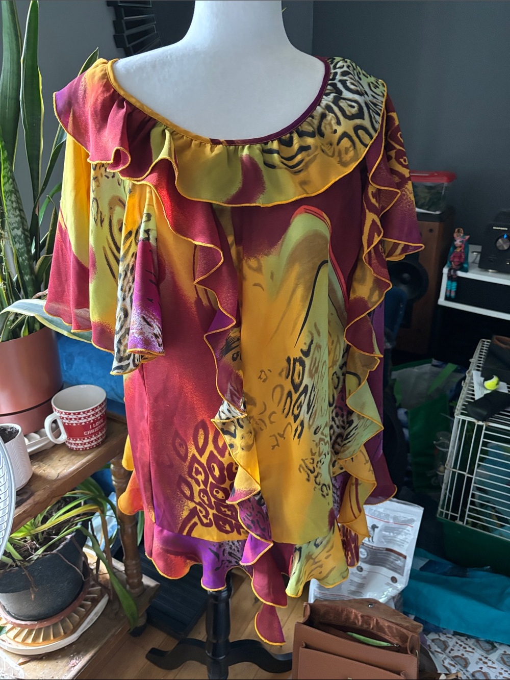 Women’s Ruffled Off-Shoulder Blouse in Yellow and Burgundy